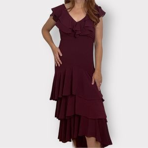 Lulus Betsey Burgundy Ruffled Chiffon Midi Dress Medium